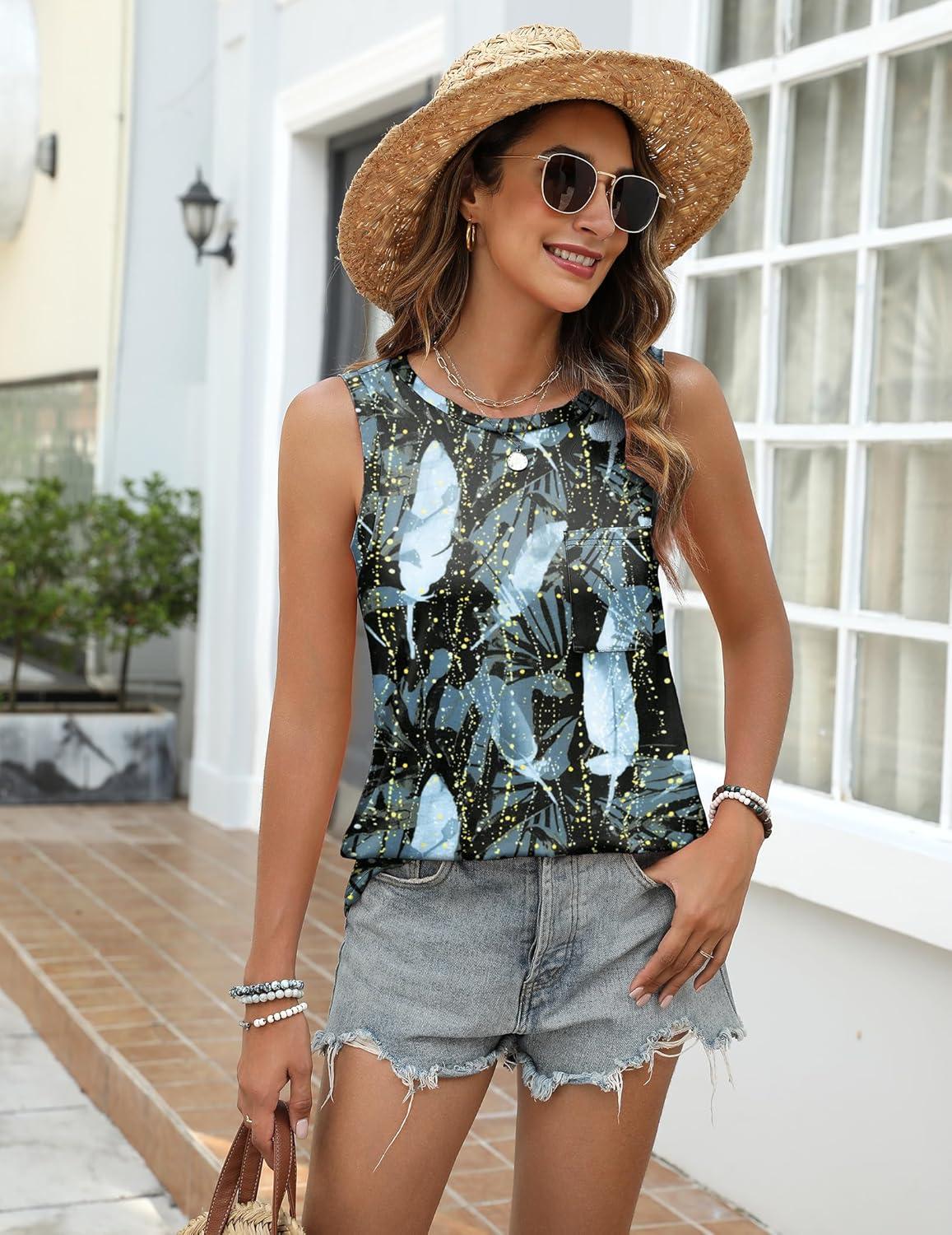 imageZeagoo Womens 3 Pack Tank Tops 2026 Loose Fit High Neck Summer Top Dressy Casual Sleeveless Shirts with Pocket1feather Navy