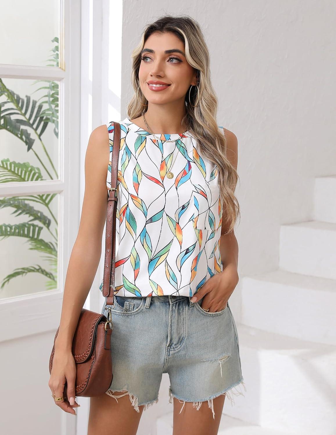 imageZeagoo Womens 3 Pack Tank Tops 2026 Loose Fit High Neck Summer Top Dressy Casual Sleeveless Shirts with Pocket1leaf White
