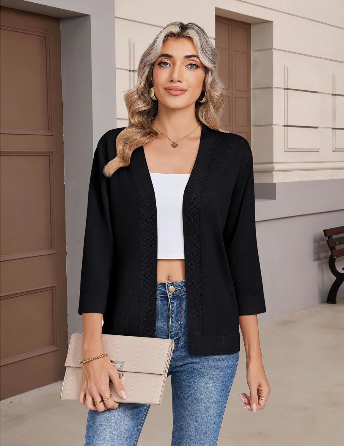 imageZeagoo Womens 34 Sleeve Open Front Cropped Knit Cardigan Sweater Casual Bolero Shrugs for Dresses Summer OutfitsBlack