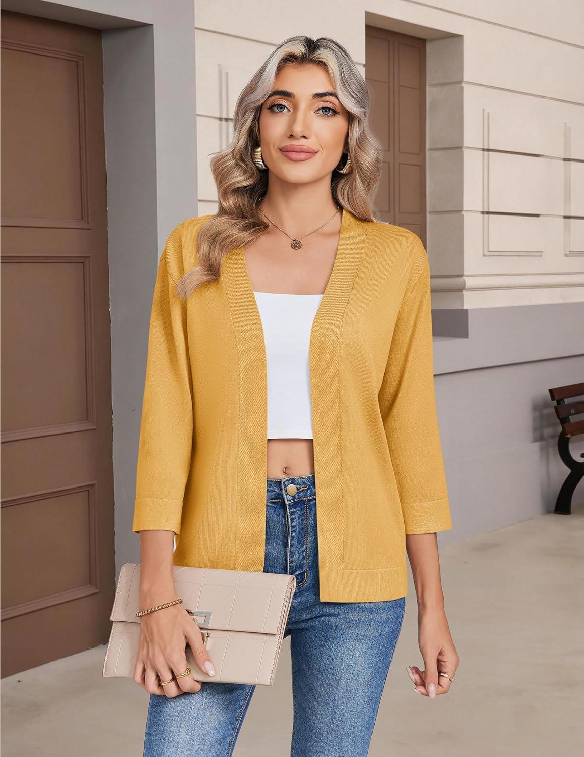 imageZeagoo Womens 34 Sleeve Open Front Cropped Knit Cardigan Sweater Casual Bolero Shrugs for Dresses Summer OutfitsYellow