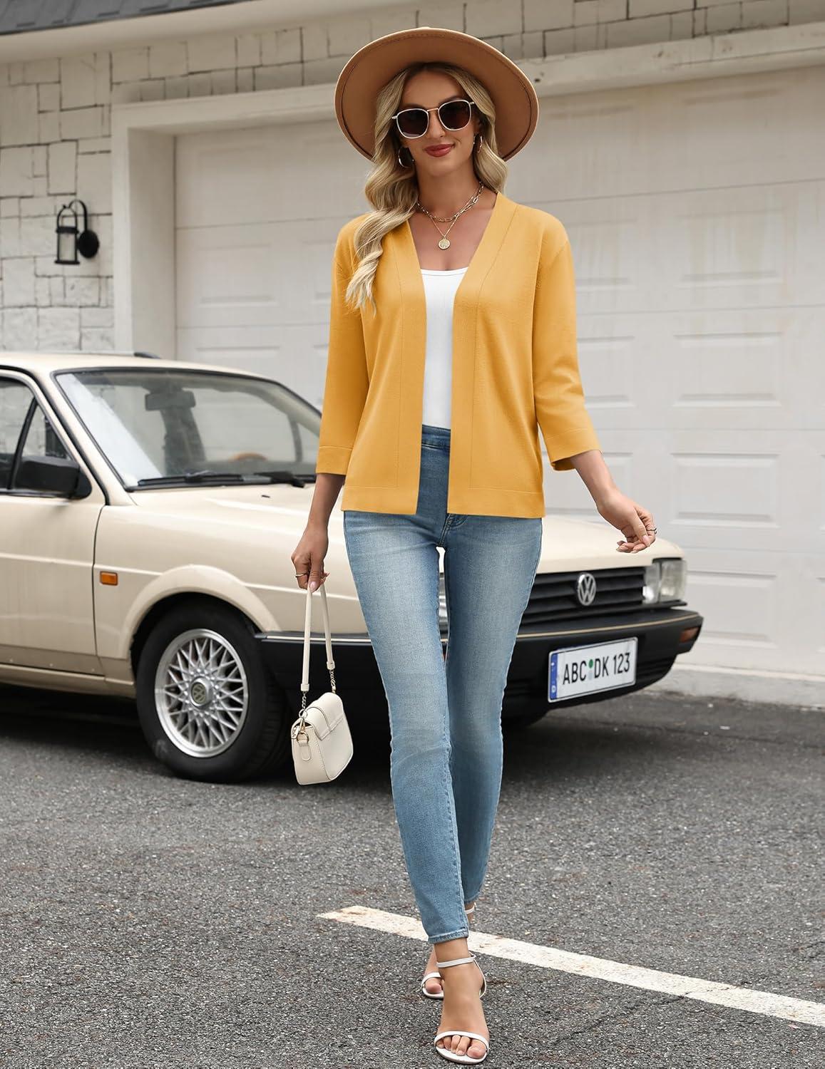 imageZeagoo Womens 34 Sleeve Open Front Cropped Knit Cardigan Sweater Casual Bolero Shrugs for Dresses Summer OutfitsYellow
