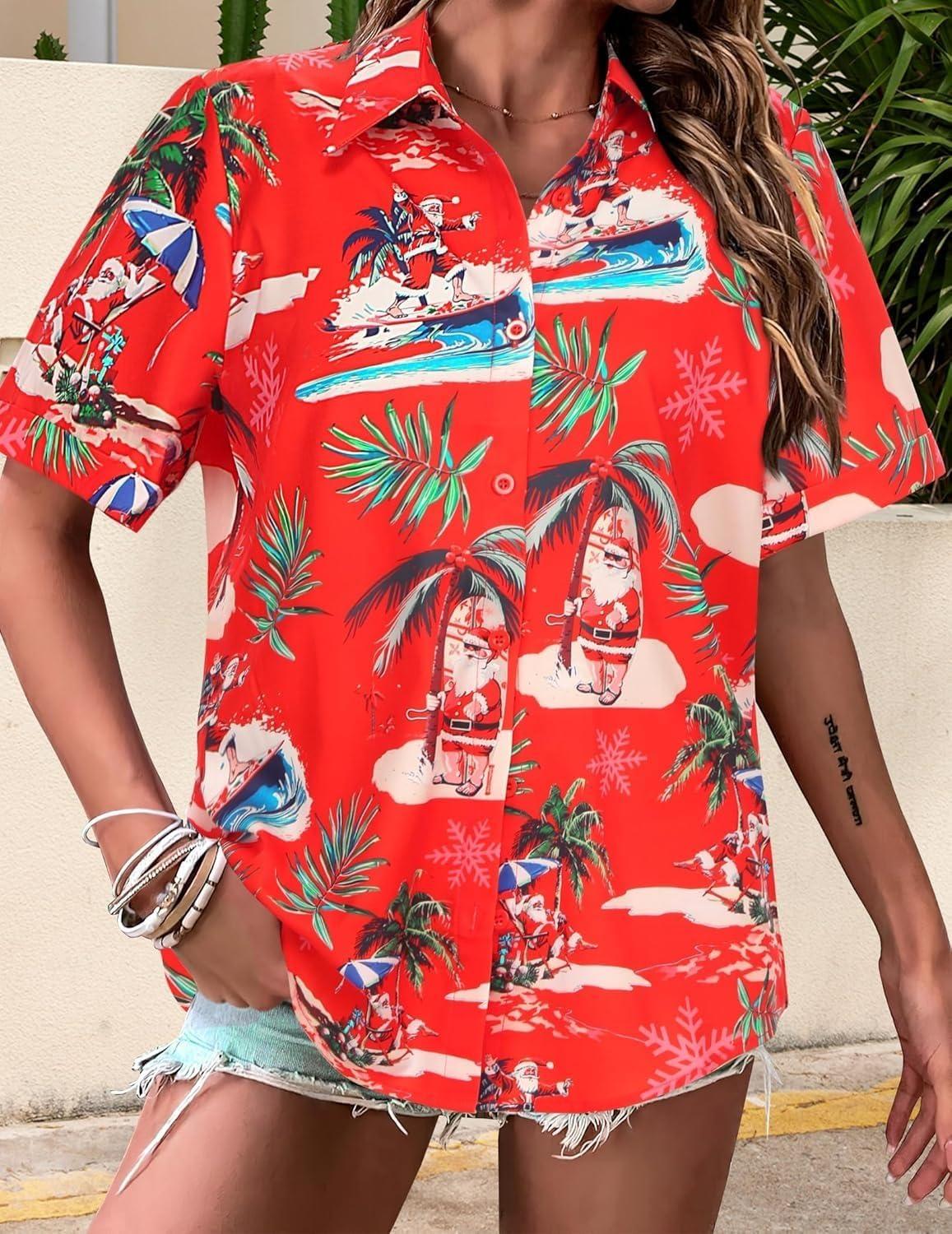imageZeagoo Womens Hawaiian Button Down Shirts Short Sleeve Casual Floral Tropical Shirt Summer Beach Shirt Cool Button Up TopsAred Christmas Hawaiian