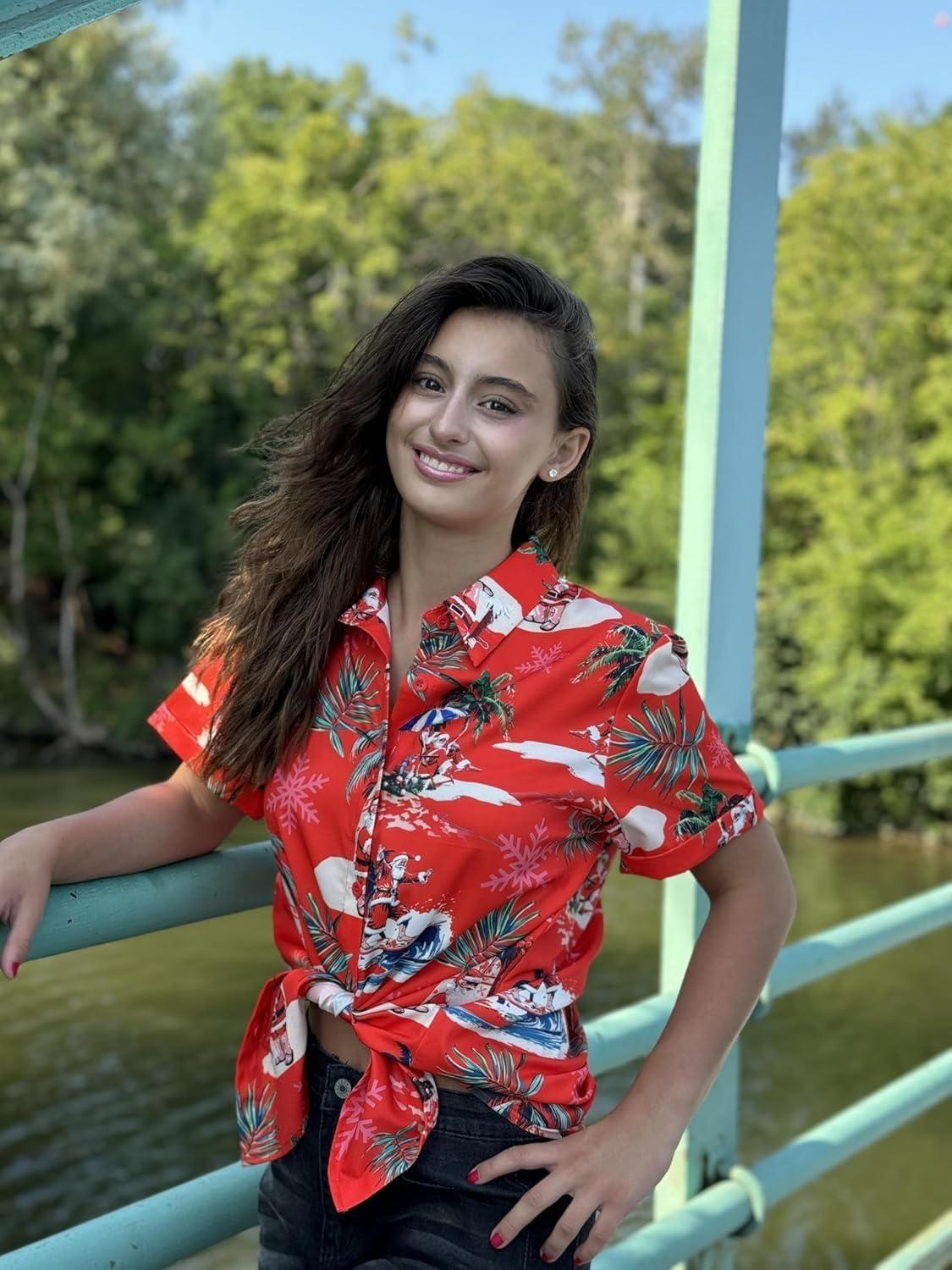imageZeagoo Womens Hawaiian Button Down Shirts Short Sleeve Casual Floral Tropical Shirt Summer Beach Shirt Cool Button Up TopsAred Christmas Hawaiian