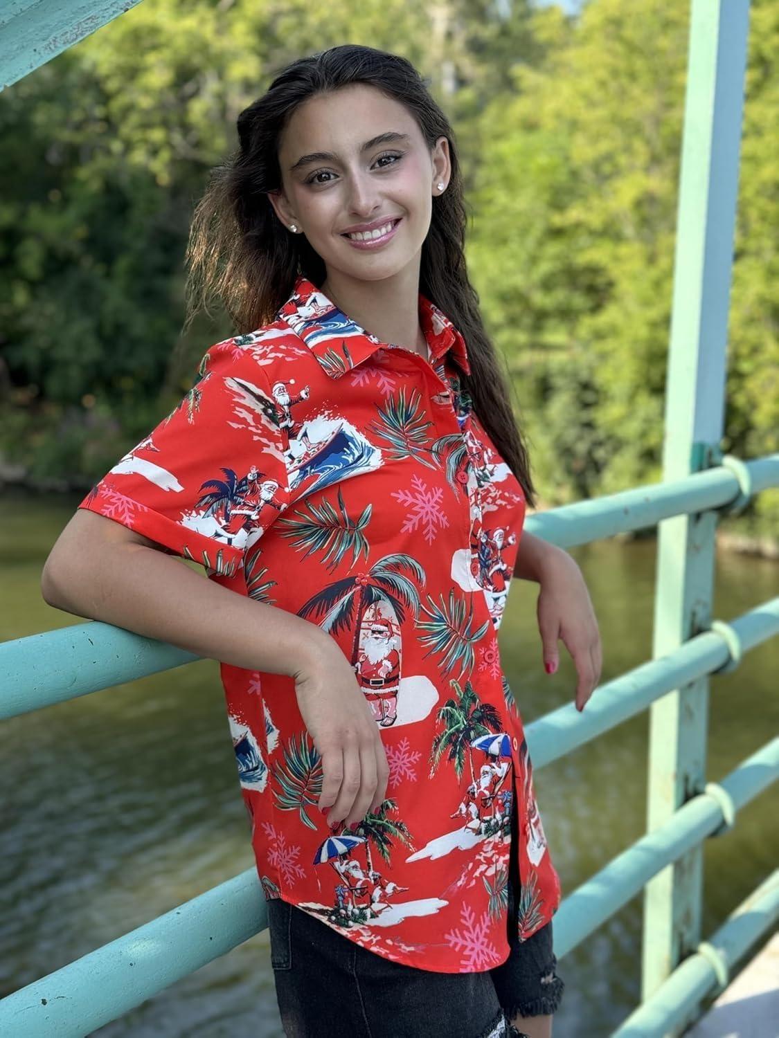 imageZeagoo Womens Hawaiian Button Down Shirts Short Sleeve Casual Floral Tropical Shirt Summer Beach Shirt Cool Button Up TopsAred Christmas Hawaiian