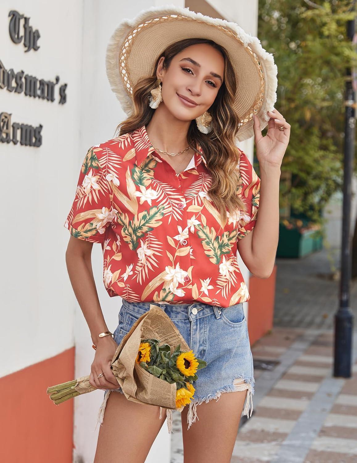 imageZeagoo Womens Hawaiian Button Down Shirts Short Sleeve Casual Floral Tropical Shirt Summer Beach Shirt Cool Button Up TopsAred Tropical