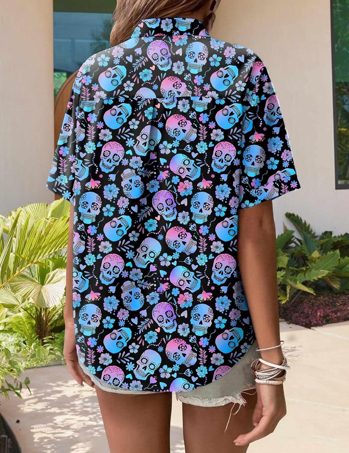 imageZeagoo Womens Hawaiian Button Down Shirts Short Sleeve Casual Floral Tropical Shirt Summer Beach Shirt Cool Button Up TopsBlue Skull