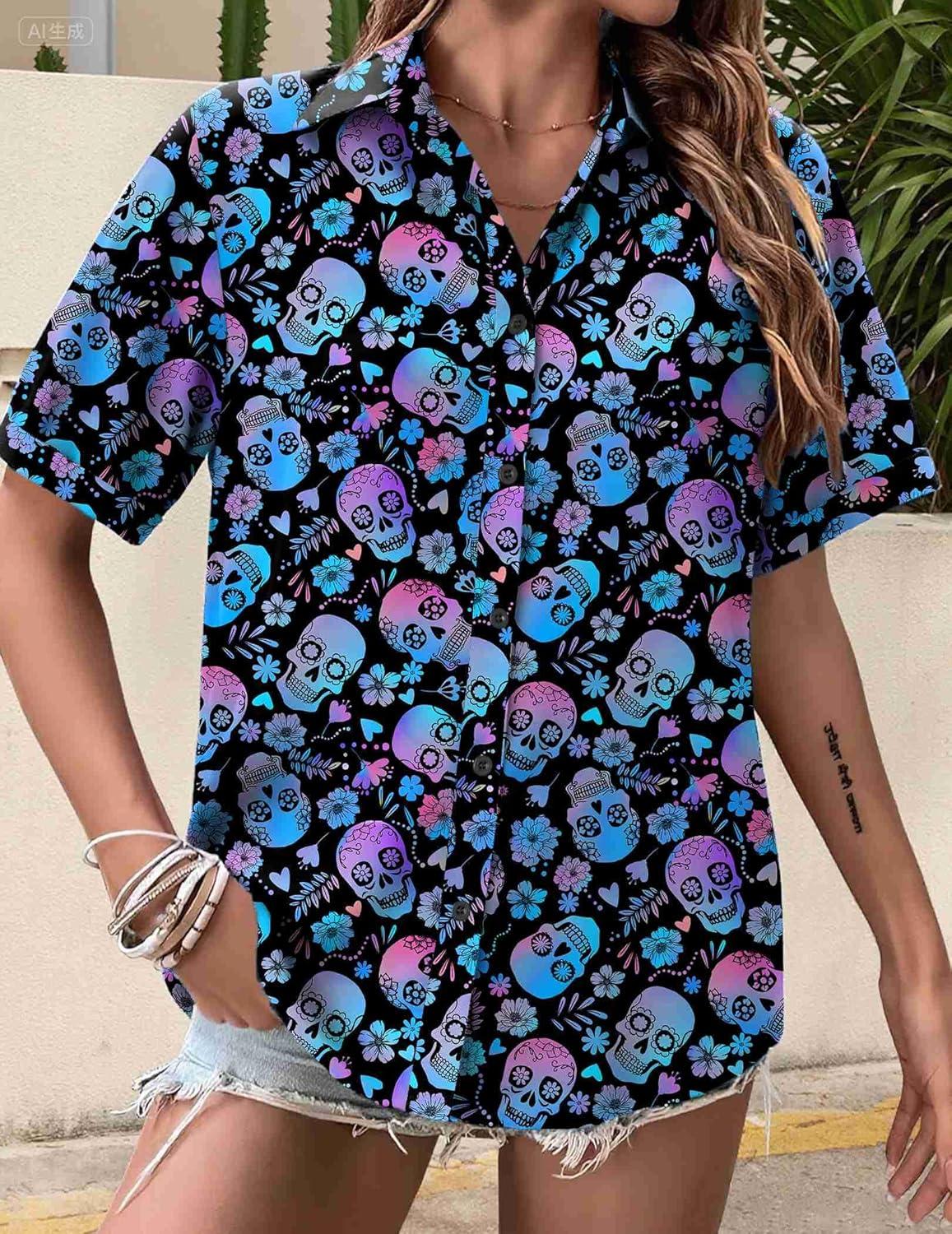 imageZeagoo Womens Hawaiian Button Down Shirts Short Sleeve Casual Floral Tropical Shirt Summer Beach Shirt Cool Button Up TopsBlue Skull
