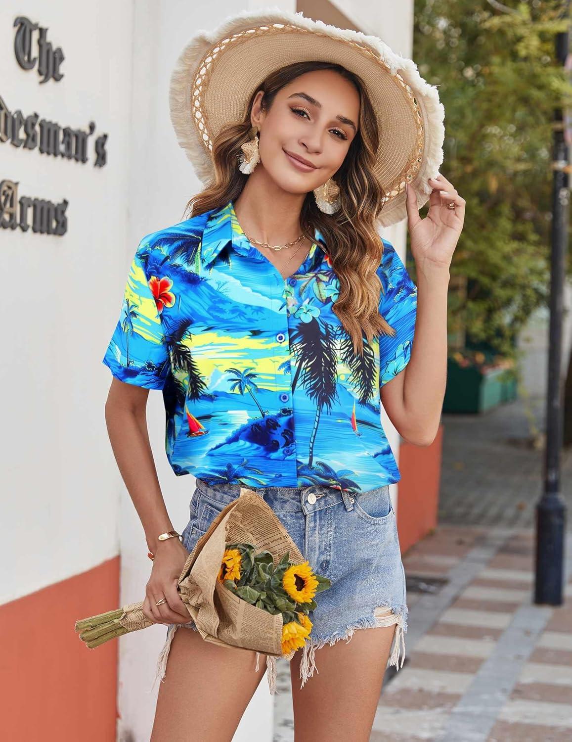 imageZeagoo Womens Hawaiian Button Down Shirts Short Sleeve Casual Floral Tropical Shirt Summer Beach Shirt Cool Button Up TopsCp8