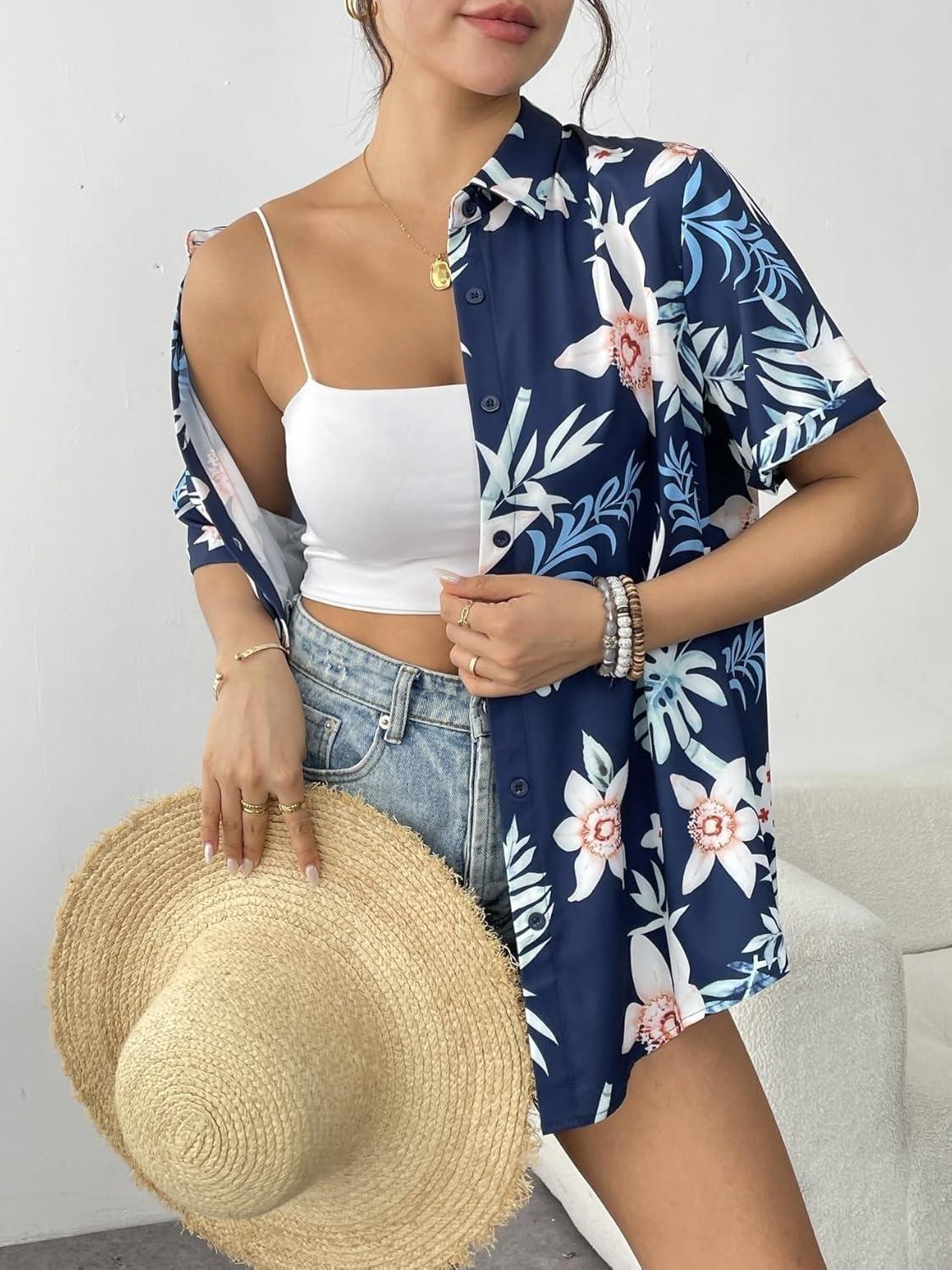imageZeagoo Womens Hawaiian Button Down Shirts Short Sleeve Casual Floral Tropical Shirt Summer Beach Shirt Cool Button Up TopsDark Blue