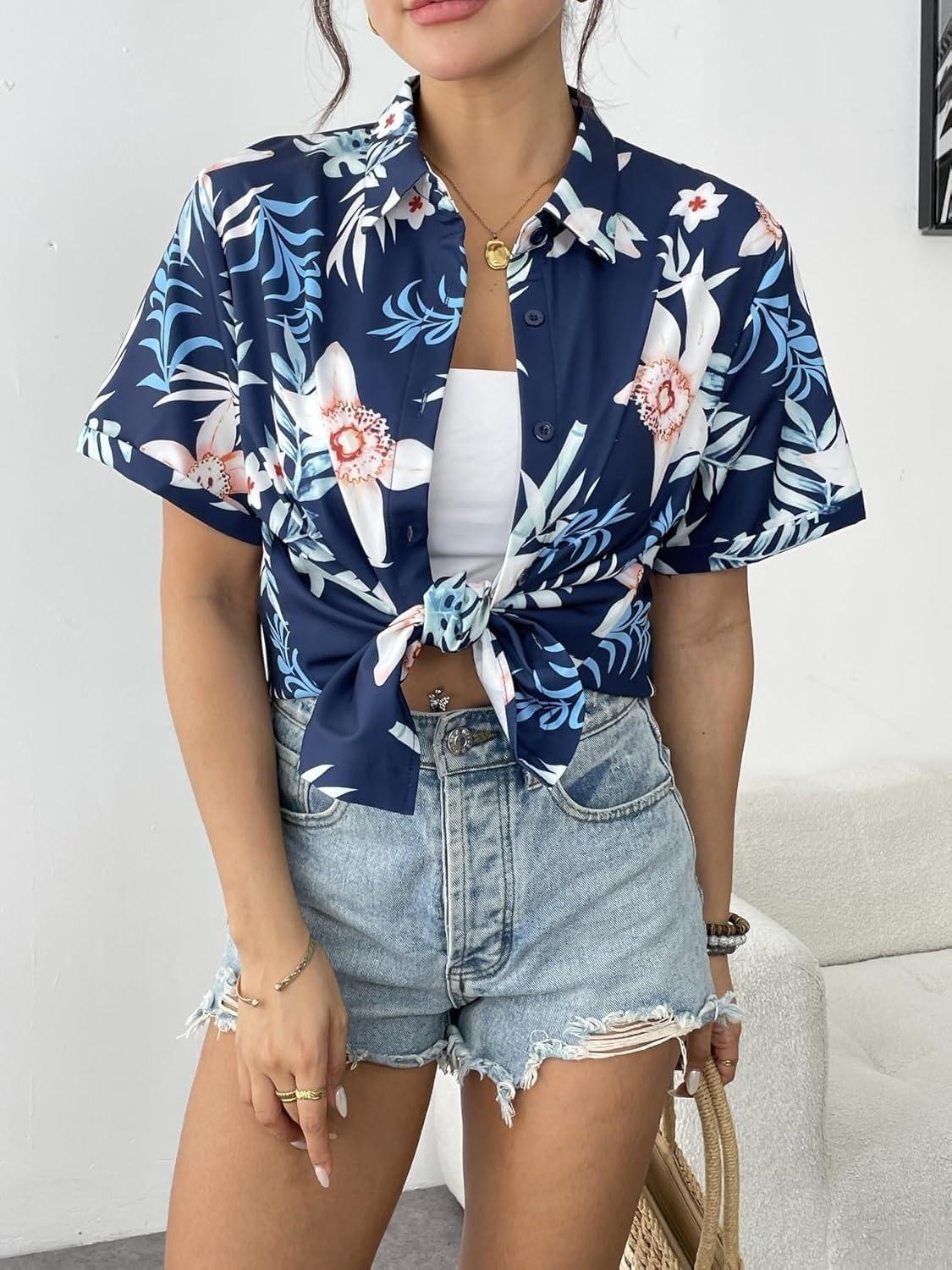 imageZeagoo Womens Hawaiian Button Down Shirts Short Sleeve Casual Floral Tropical Shirt Summer Beach Shirt Cool Button Up TopsDark Blue