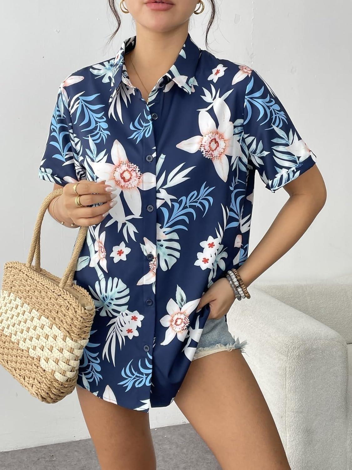 imageZeagoo Womens Hawaiian Button Down Shirts Short Sleeve Casual Floral Tropical Shirt Summer Beach Shirt Cool Button Up TopsDark Blue