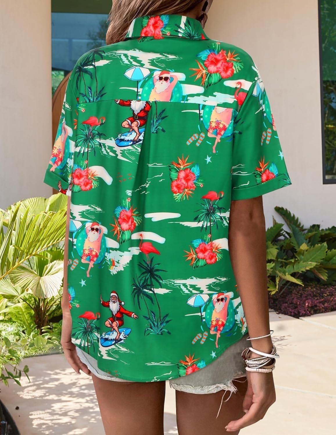 imageZeagoo Womens Hawaiian Button Down Shirts Short Sleeve Casual Floral Tropical Shirt Summer Beach Shirt Cool Button Up TopsGreen Christmas