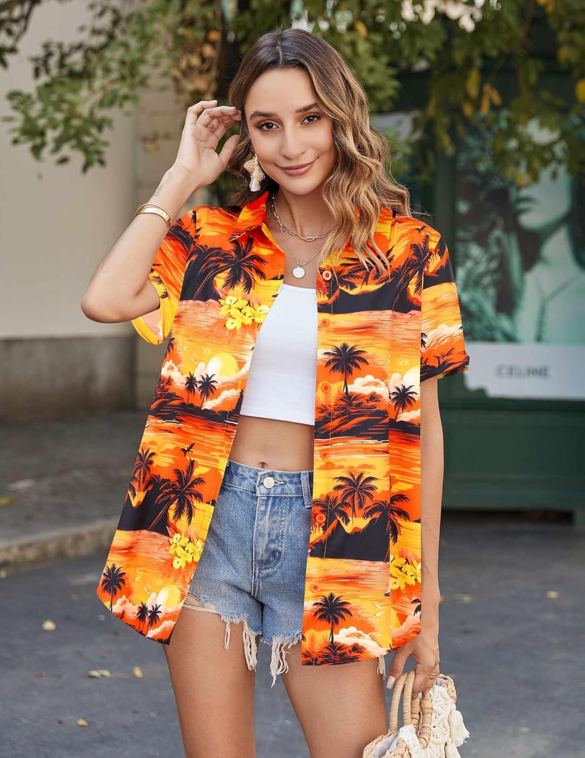 imageZeagoo Womens Hawaiian Button Down Shirts Short Sleeve Casual Floral Tropical Shirt Summer Beach Shirt Cool Button Up TopsOrange Hawaiian