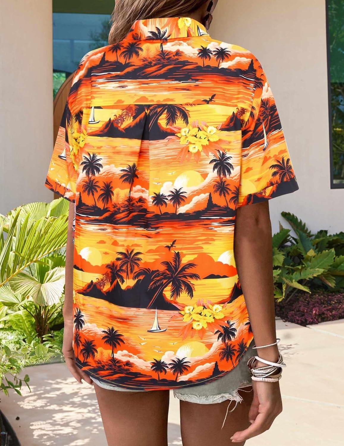 imageZeagoo Womens Hawaiian Button Down Shirts Short Sleeve Casual Floral Tropical Shirt Summer Beach Shirt Cool Button Up TopsOrange Hawaiian