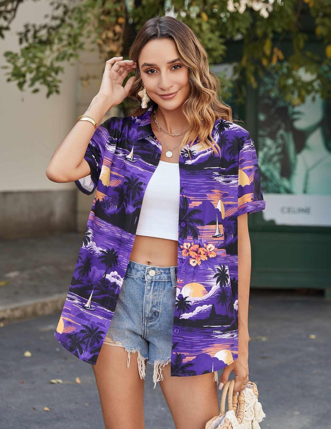 imageZeagoo Womens Hawaiian Button Down Shirts Short Sleeve Casual Floral Tropical Shirt Summer Beach Shirt Cool Button Up TopsPurple Hawaiian