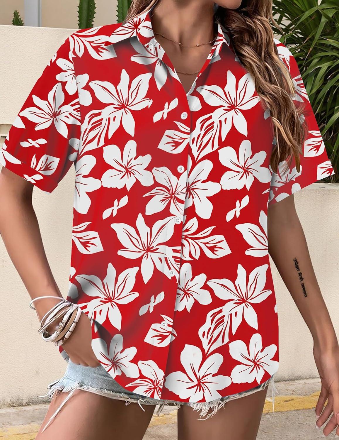 imageZeagoo Womens Hawaiian Button Down Shirts Short Sleeve Casual Floral Tropical Shirt Summer Beach Shirt Cool Button Up TopsRedwhite Floral