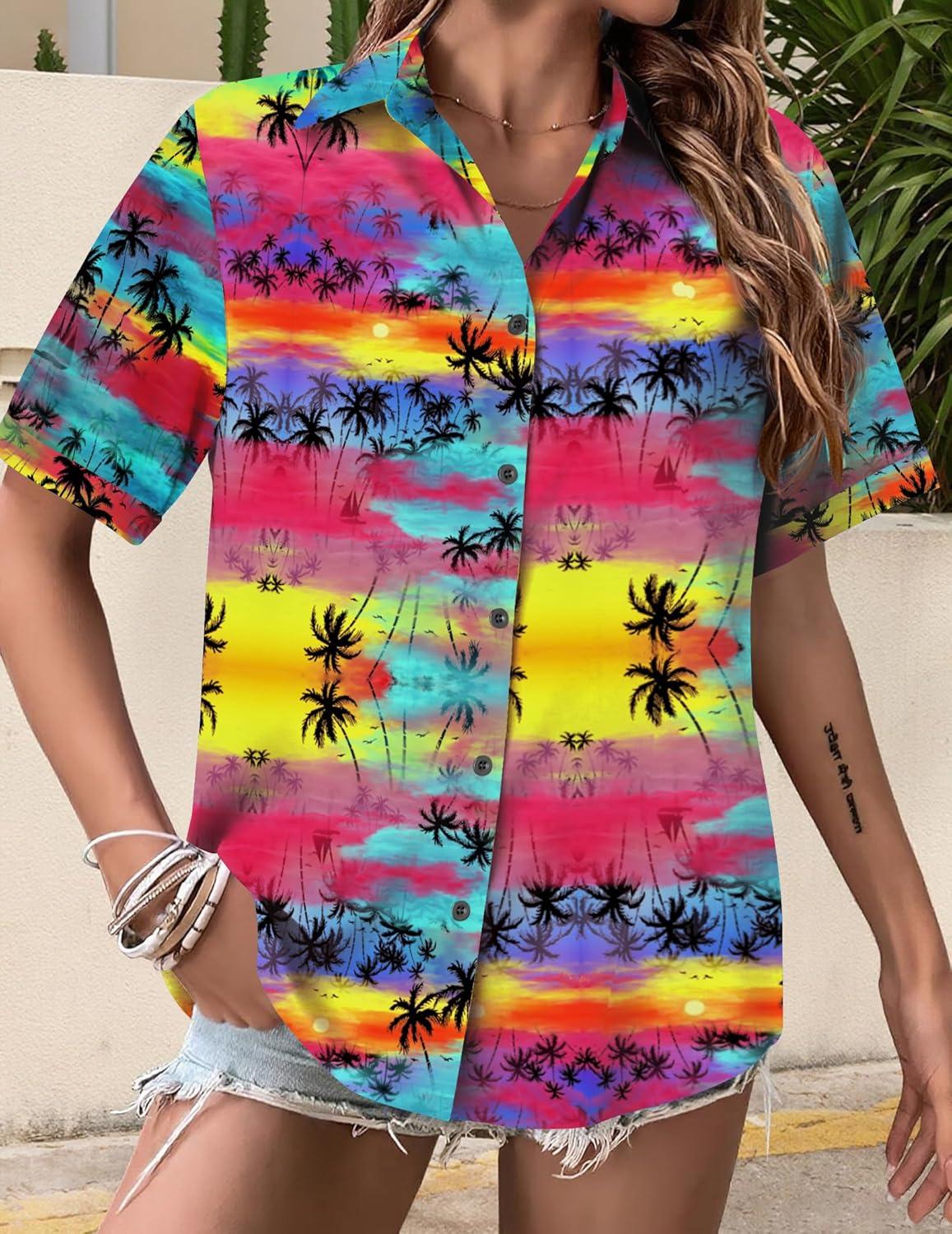 imageZeagoo Womens Hawaiian Button Down Shirts Short Sleeve Casual Floral Tropical Shirt Summer Beach Shirt Cool Button Up TopsTropical Coconut Pink