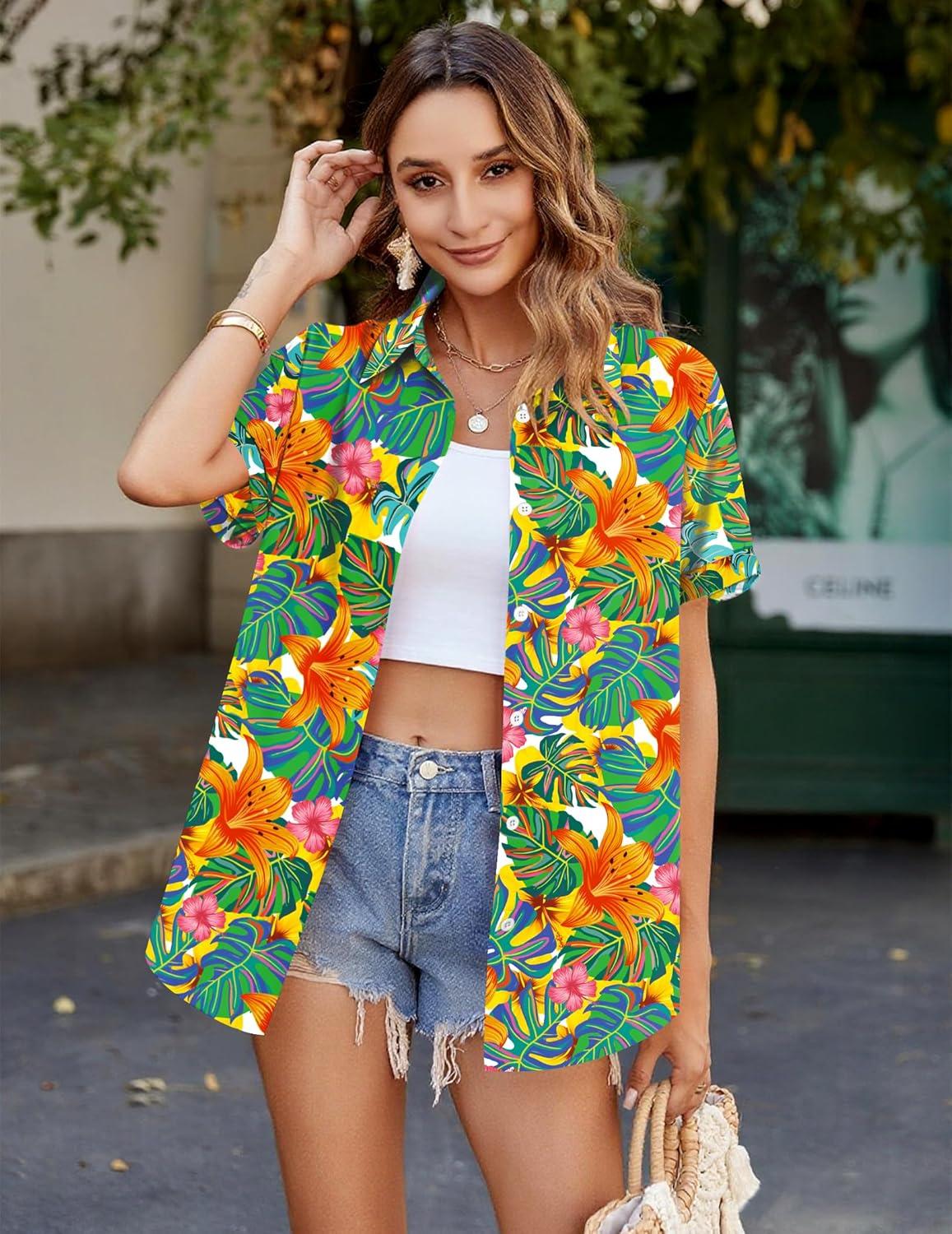 imageZeagoo Womens Hawaiian Button Down Shirts Short Sleeve Casual Floral Tropical Shirt Summer Beach Shirt Cool Button Up TopsTropical Plants