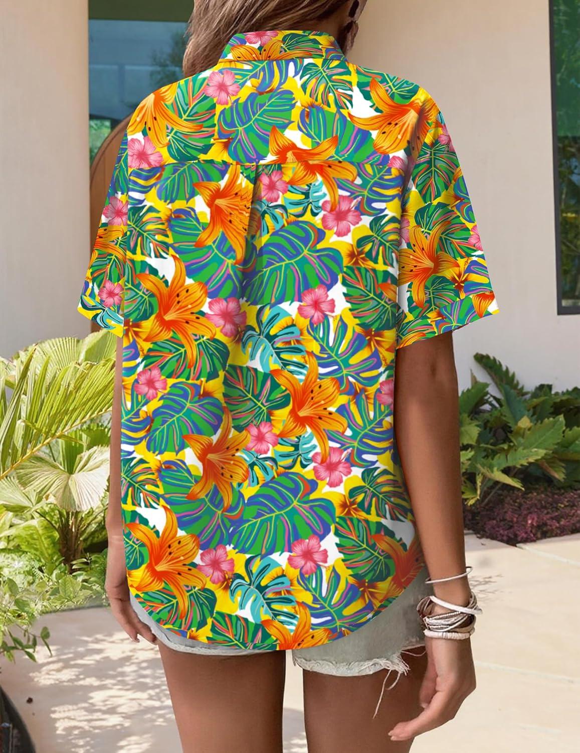 imageZeagoo Womens Hawaiian Button Down Shirts Short Sleeve Casual Floral Tropical Shirt Summer Beach Shirt Cool Button Up TopsTropical Plants