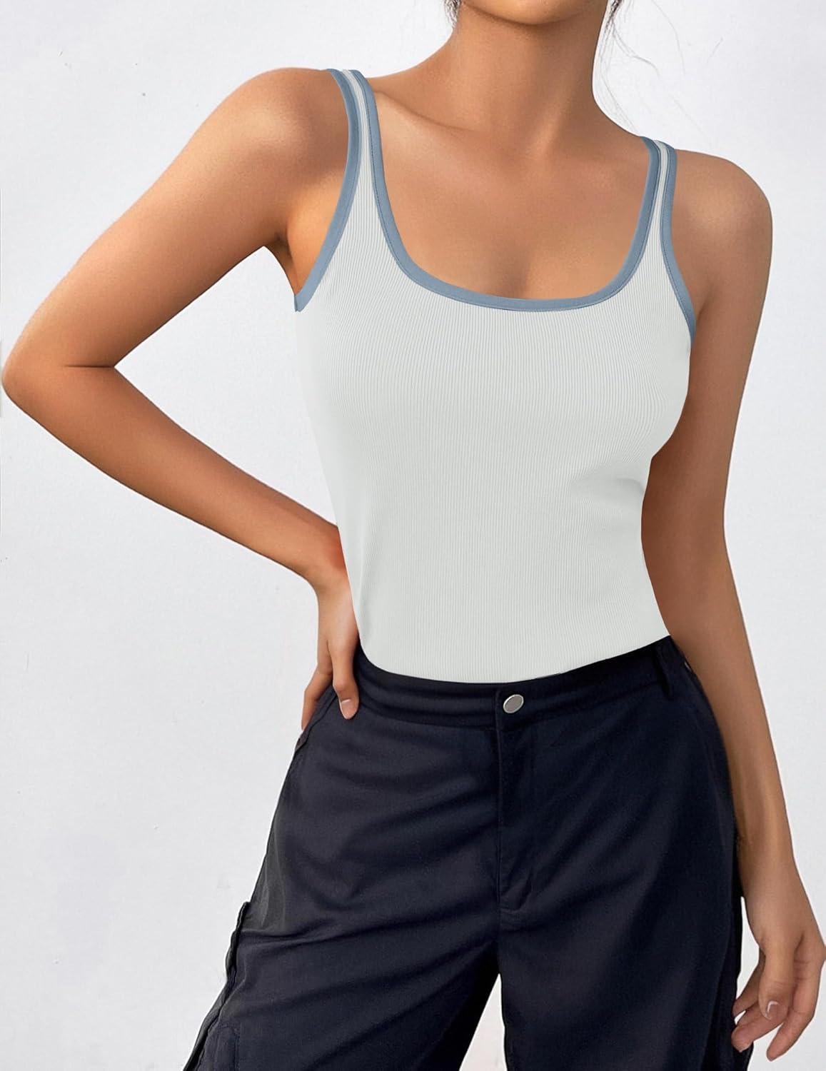 imageZeagoo Womens Ribbed Tank Tops Square Neck Summer Tops Slim Fitted Spaghetti Strap Camisole Basic Sleeveless Layering Shirts1white