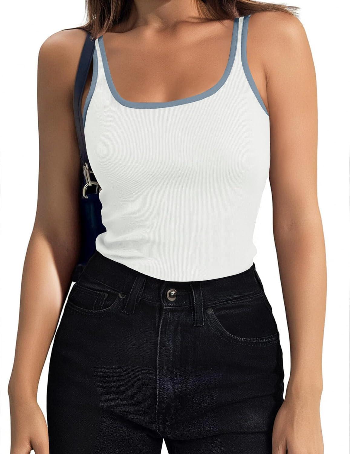imageZeagoo Womens Ribbed Tank Tops Square Neck Summer Tops Slim Fitted Spaghetti Strap Camisole Basic Sleeveless Layering Shirts1white