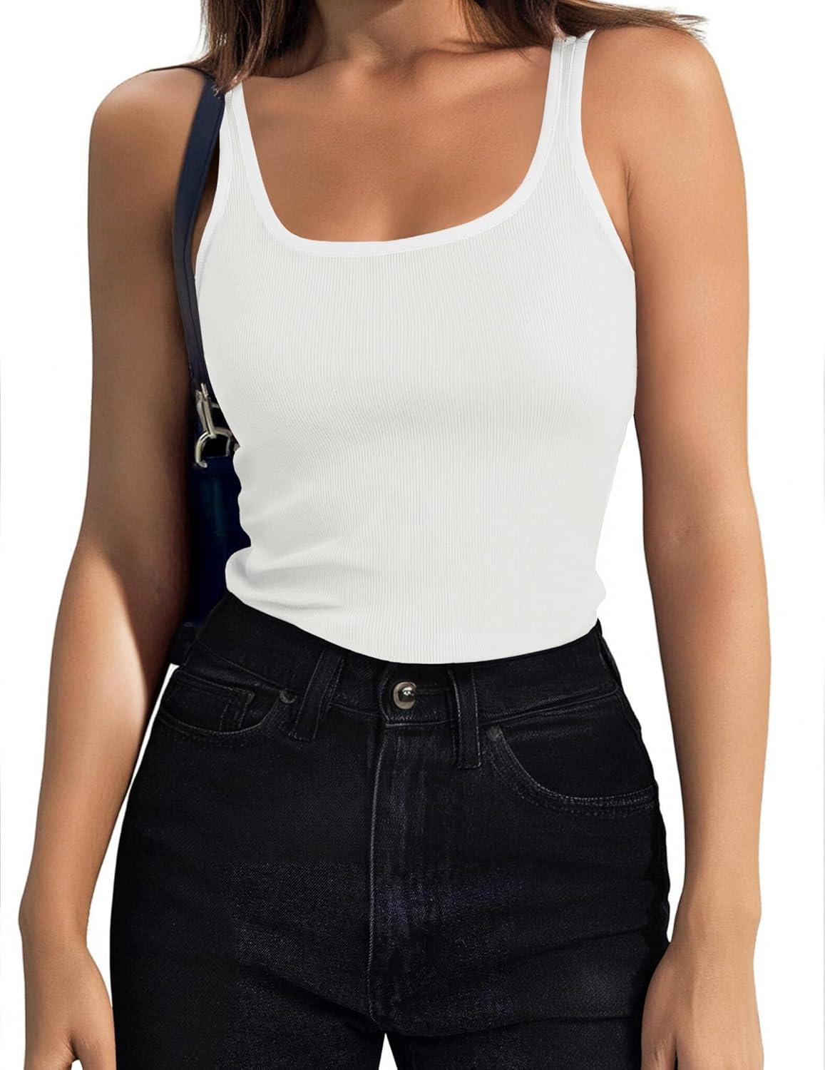 imageZeagoo Womens Ribbed Tank Tops Square Neck Summer Tops Slim Fitted Spaghetti Strap Camisole Basic Sleeveless Layering ShirtsWhite