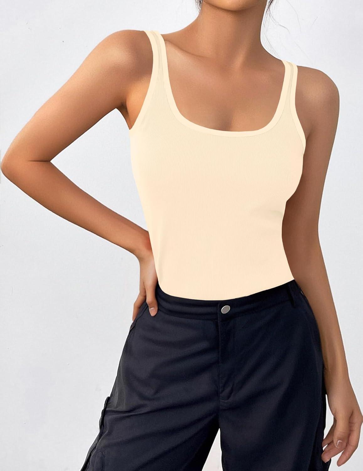 imageZeagoo Womens Ribbed Tank Tops Square Neck Summer Tops Slim Fitted Spaghetti Strap Camisole Basic Sleeveless Layering ShirtsZbeigeBrown Grey