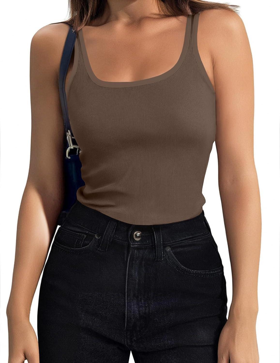 imageZeagoo Womens Ribbed Tank Tops Square Neck Summer Tops Slim Fitted Spaghetti Strap Camisole Basic Sleeveless Layering ShirtsZblackBrown Grey