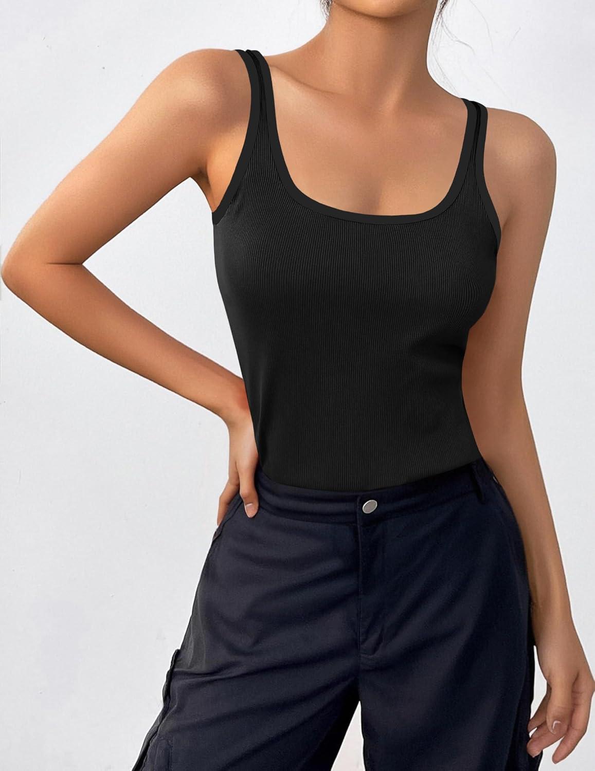 imageZeagoo Womens Ribbed Tank Tops Square Neck Summer Tops Slim Fitted Spaghetti Strap Camisole Basic Sleeveless Layering ShirtsZblackDark Grey