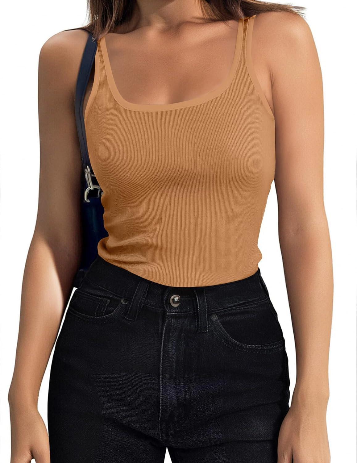 imageZeagoo Womens Ribbed Tank Tops Square Neck Summer Tops Slim Fitted Spaghetti Strap Camisole Basic Sleeveless Layering ShirtsZblackLight Brown