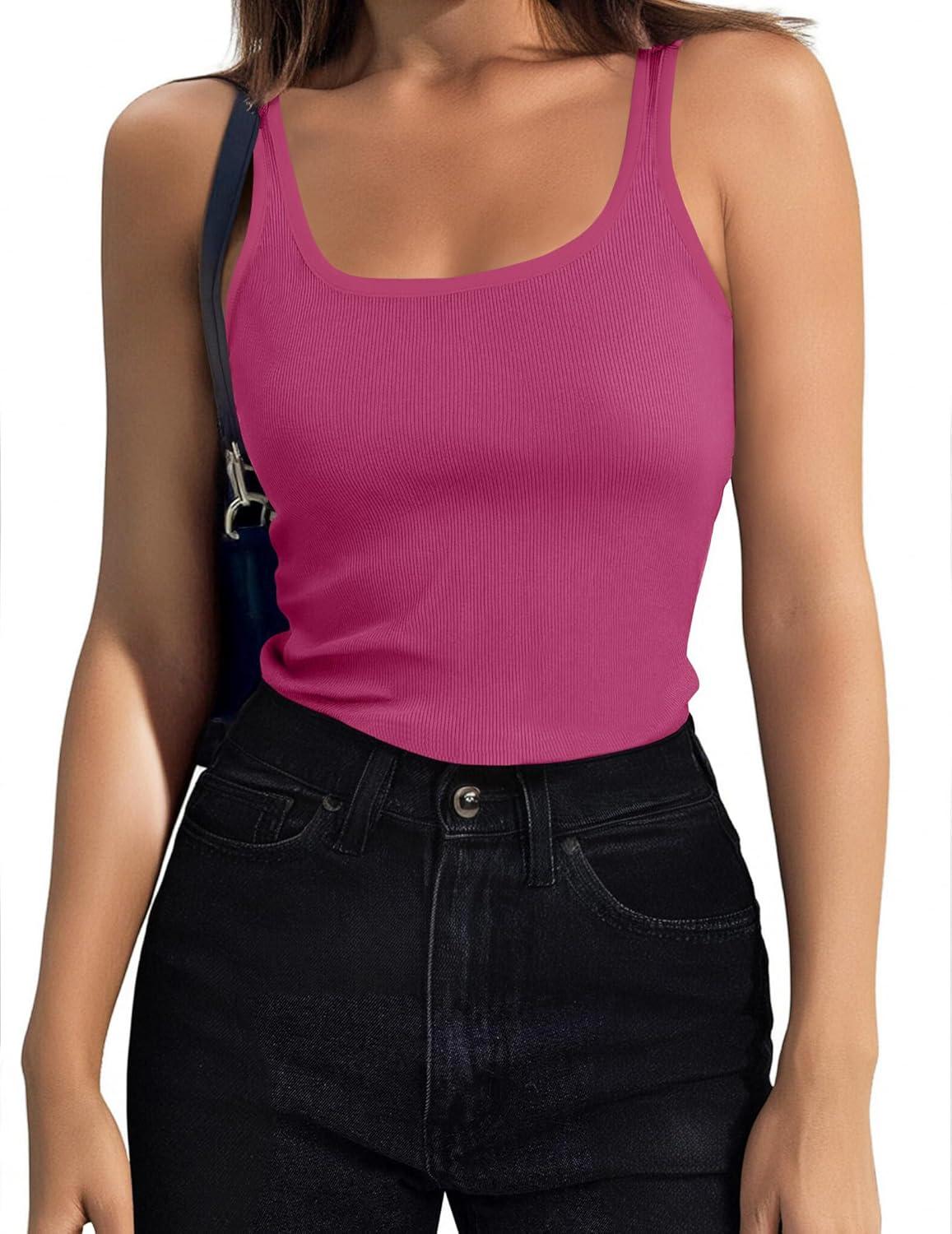 imageZeagoo Womens Ribbed Tank Tops Square Neck Summer Tops Slim Fitted Spaghetti Strap Camisole Basic Sleeveless Layering ShirtsZblackRose Pink