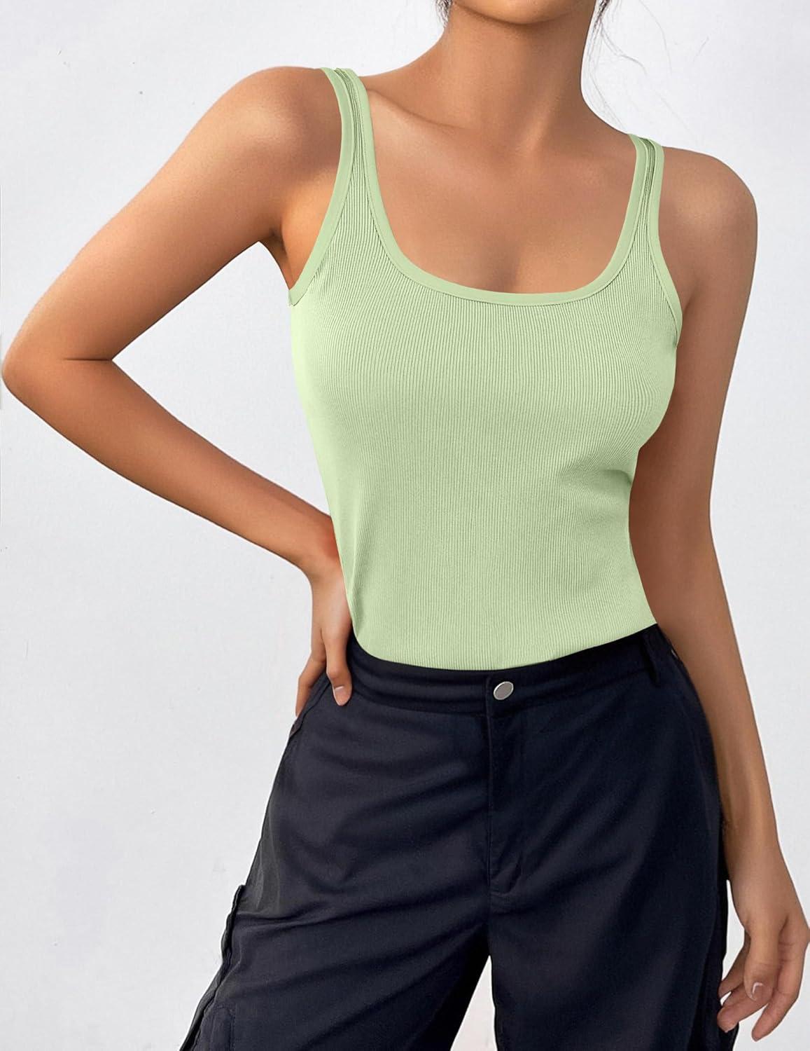 imageZeagoo Womens Ribbed Tank Tops Square Neck Summer Tops Slim Fitted Spaghetti Strap Camisole Basic Sleeveless Layering ShirtsZdark GreyLight Green