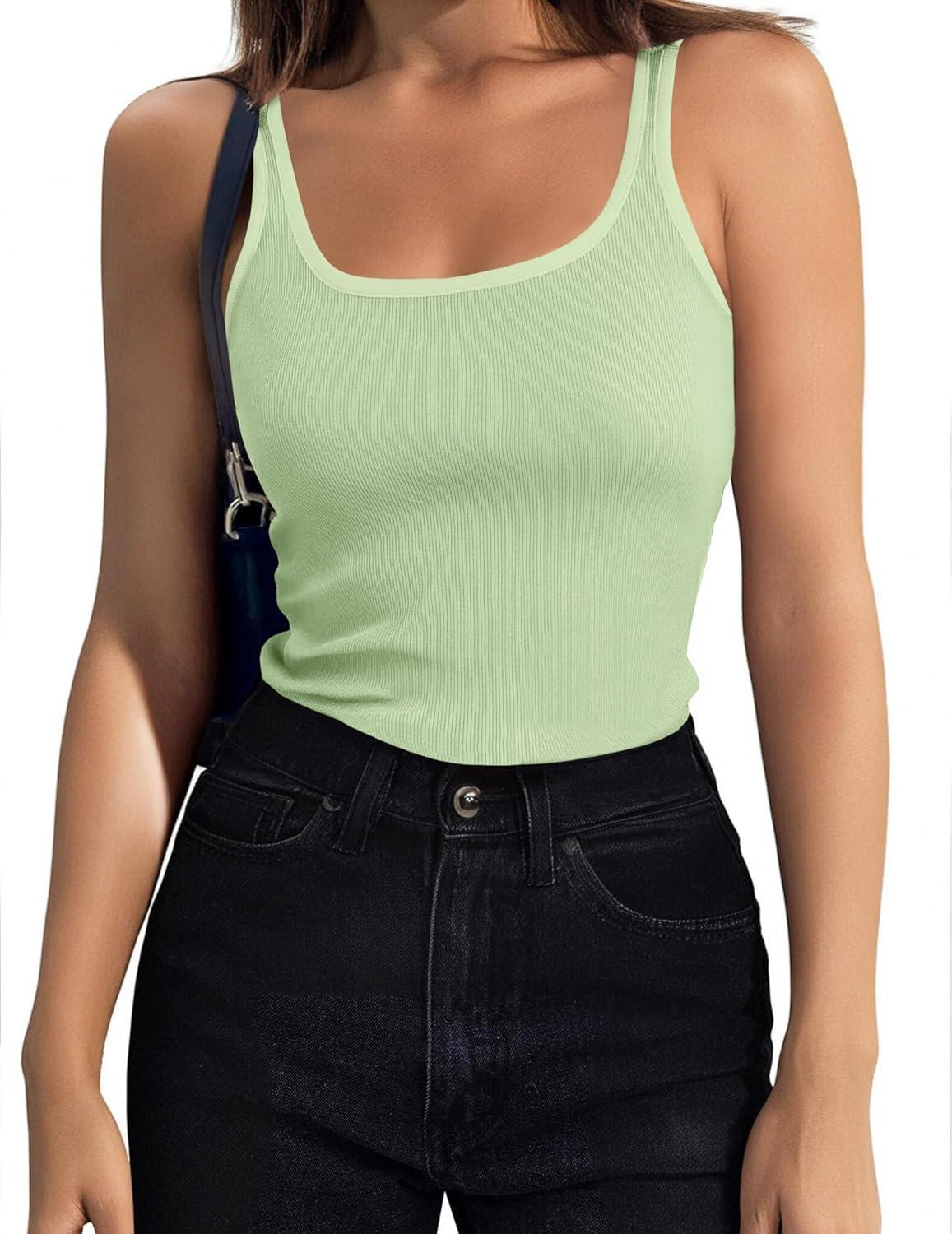 imageZeagoo Womens Ribbed Tank Tops Square Neck Summer Tops Slim Fitted Spaghetti Strap Camisole Basic Sleeveless Layering ShirtsZwhiteLight Green