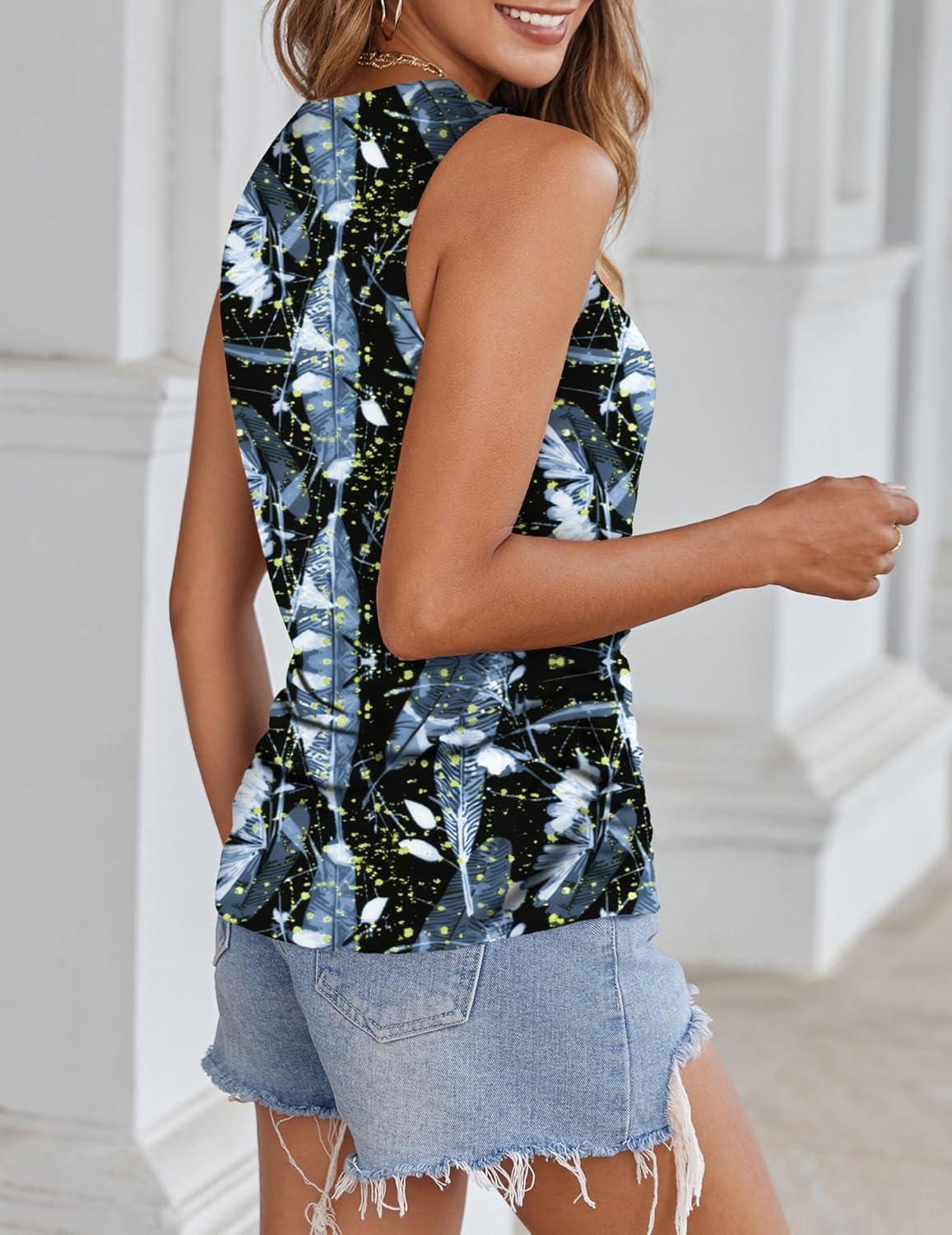 imageZeagoo Womens Ruched Tank Tops Summer Dressy Casual Crewneck Sleeveless Shirts SXXL2 Packblue Black Print and Black