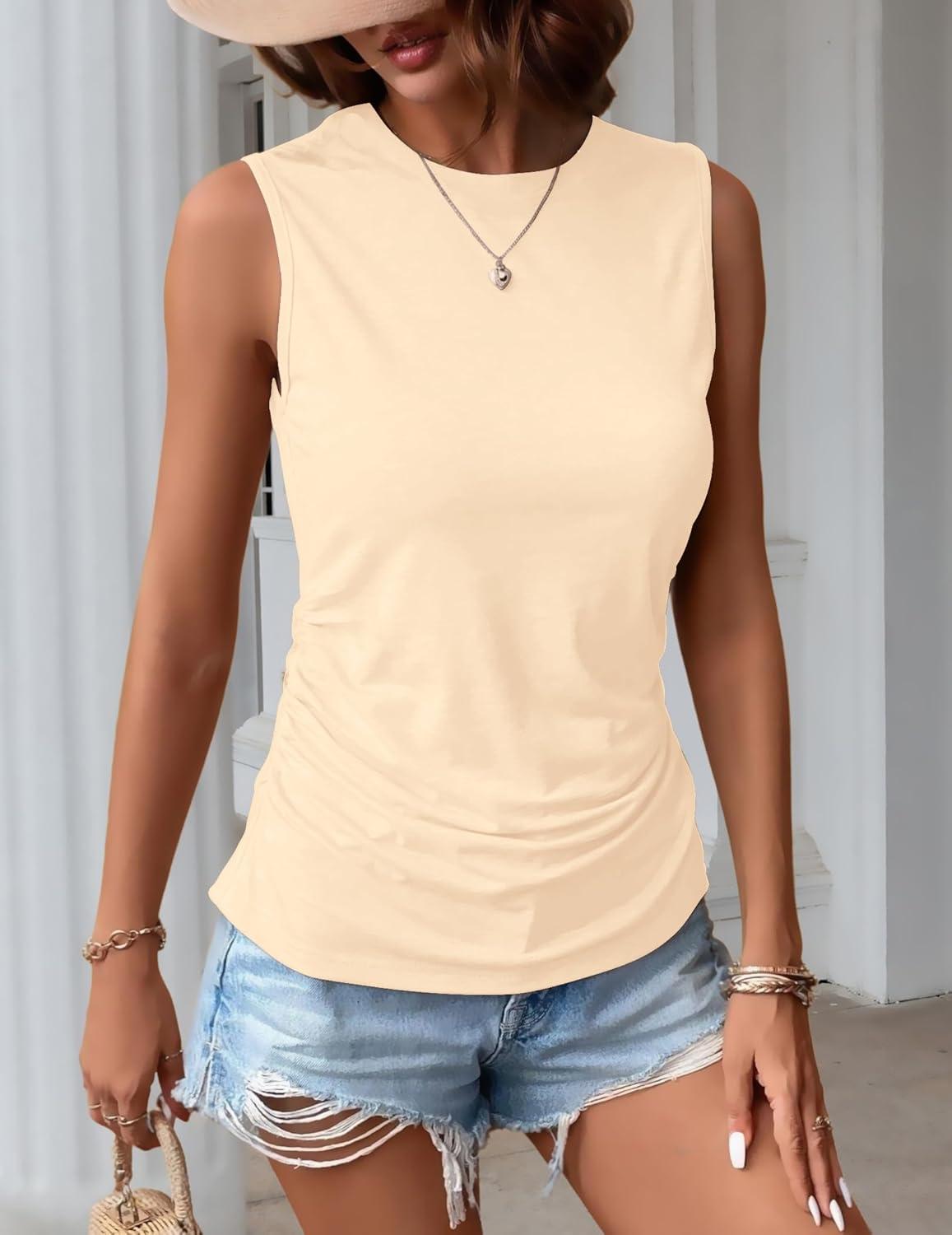 imageZeagoo Womens Ruched Tank Tops Summer Dressy Casual Crewneck Sleeveless Shirts SXXL2 Packtea Leaf and Beige
