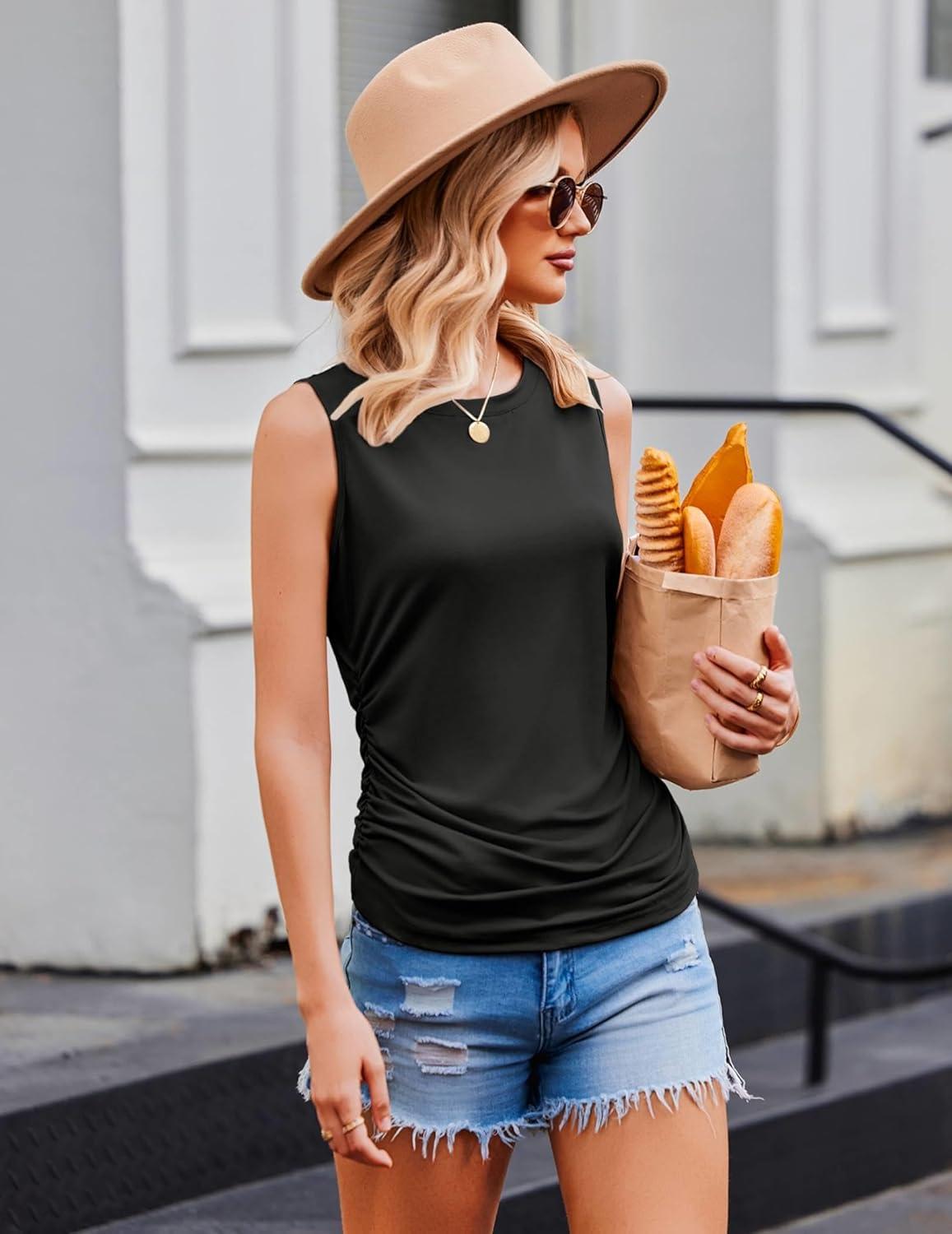 imageZeagoo Womens Ruched Tank Tops Summer Dressy Casual Crewneck Sleeveless Shirts SXXLBlack