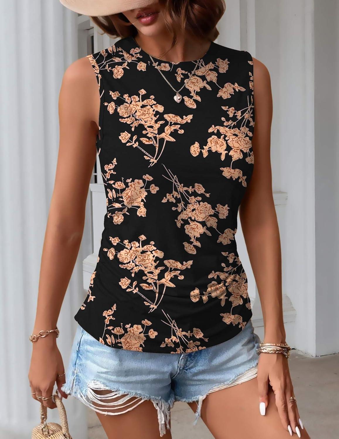 imageZeagoo Womens Ruched Tank Tops Summer Dressy Casual Crewneck Sleeveless Shirts SXXLBlack Orange Flower