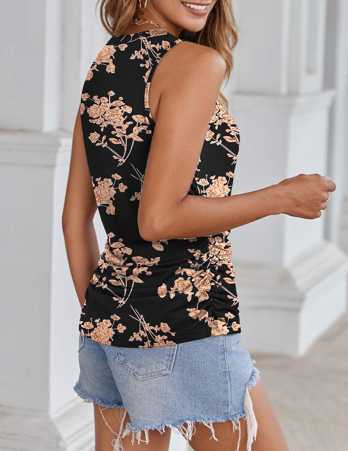 imageZeagoo Womens Ruched Tank Tops Summer Dressy Casual Crewneck Sleeveless Shirts SXXLBlack Orange Flower