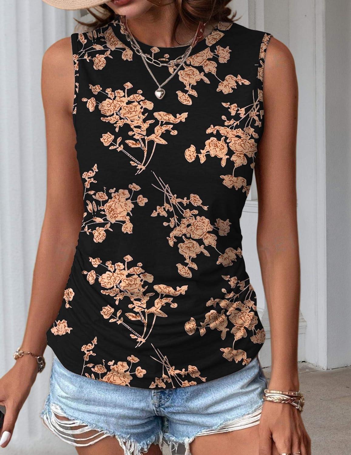 imageZeagoo Womens Ruched Tank Tops Summer Dressy Casual Crewneck Sleeveless Shirts SXXLBlack Orange Flower