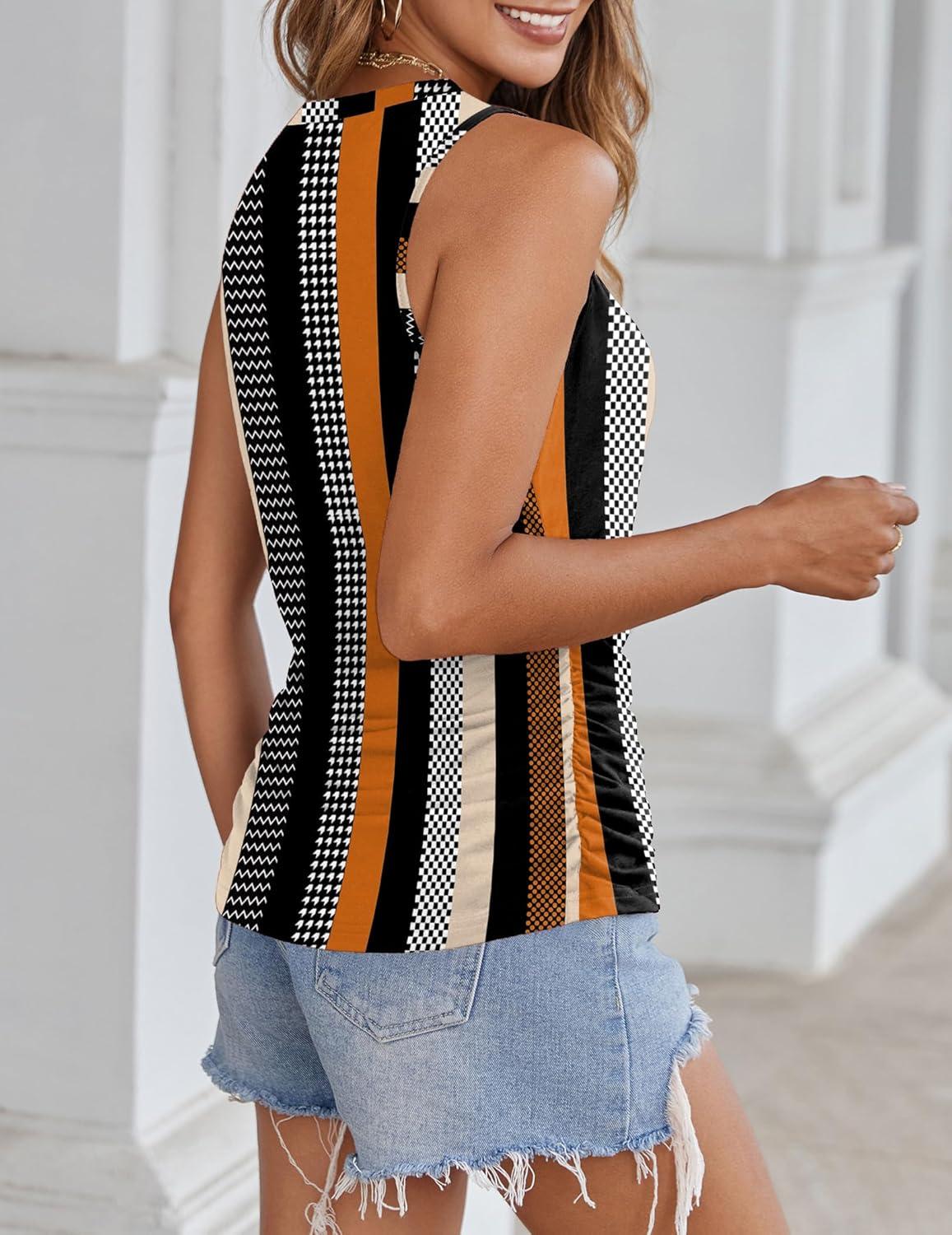 imageZeagoo Womens Ruched Tank Tops Summer Dressy Casual Crewneck Sleeveless Shirts SXXLBlack White Orange Khaki Stripe
