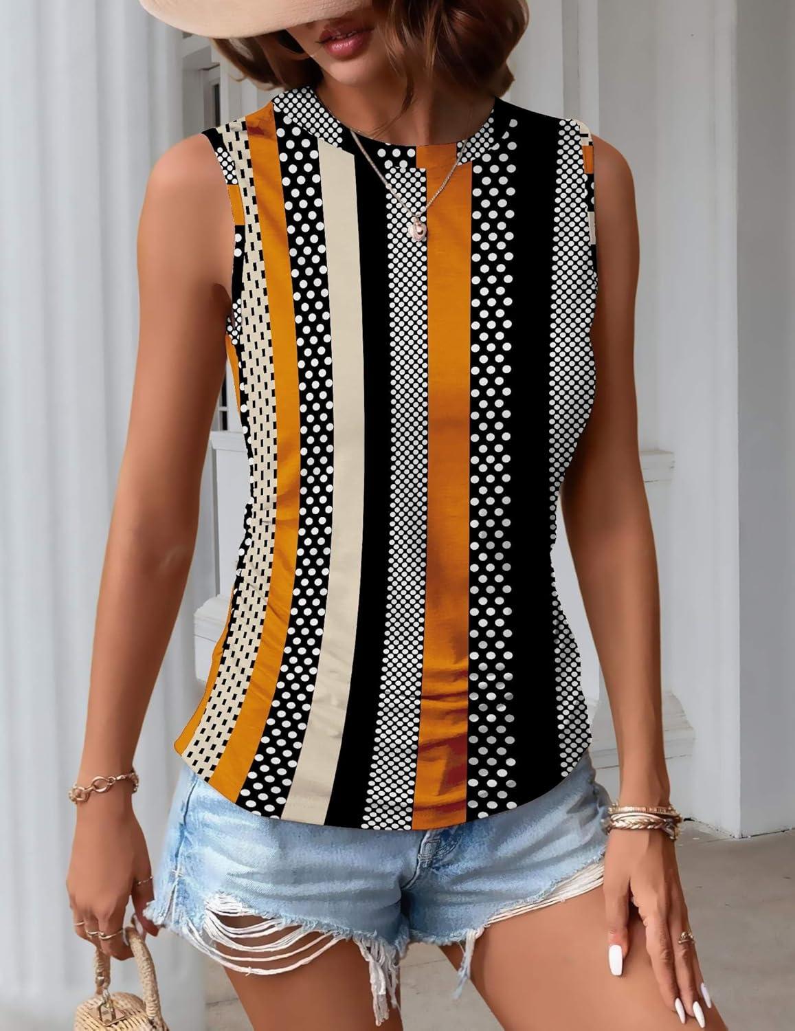 imageZeagoo Womens Ruched Tank Tops Summer Dressy Casual Crewneck Sleeveless Shirts SXXLBlack White Orange Khaki Stripe