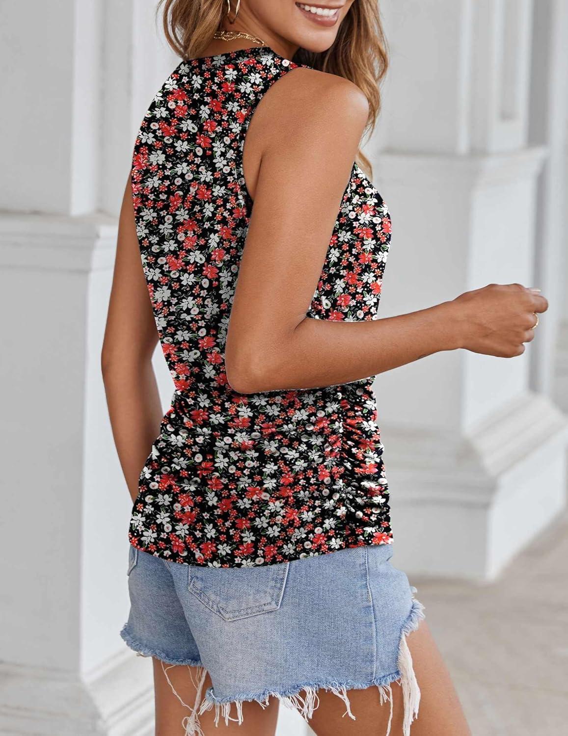 imageZeagoo Womens Ruched Tank Tops Summer Dressy Casual Crewneck Sleeveless Shirts SXXLBlack White Red Flower