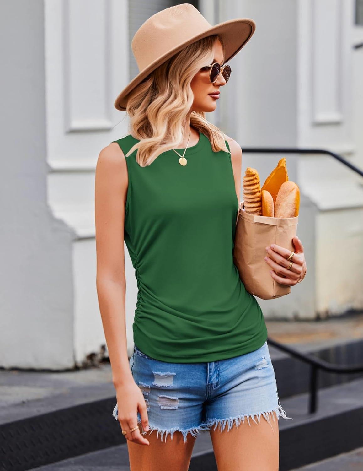 imageZeagoo Womens Ruched Tank Tops Summer Dressy Casual Crewneck Sleeveless Shirts SXXLGreen