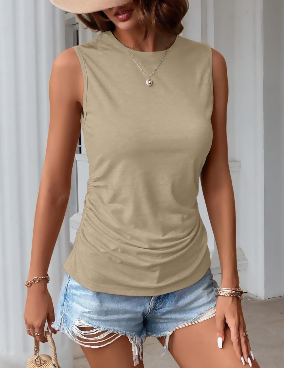 imageZeagoo Womens Ruched Tank Tops Summer Dressy Casual Crewneck Sleeveless Shirts SXXLKhaki