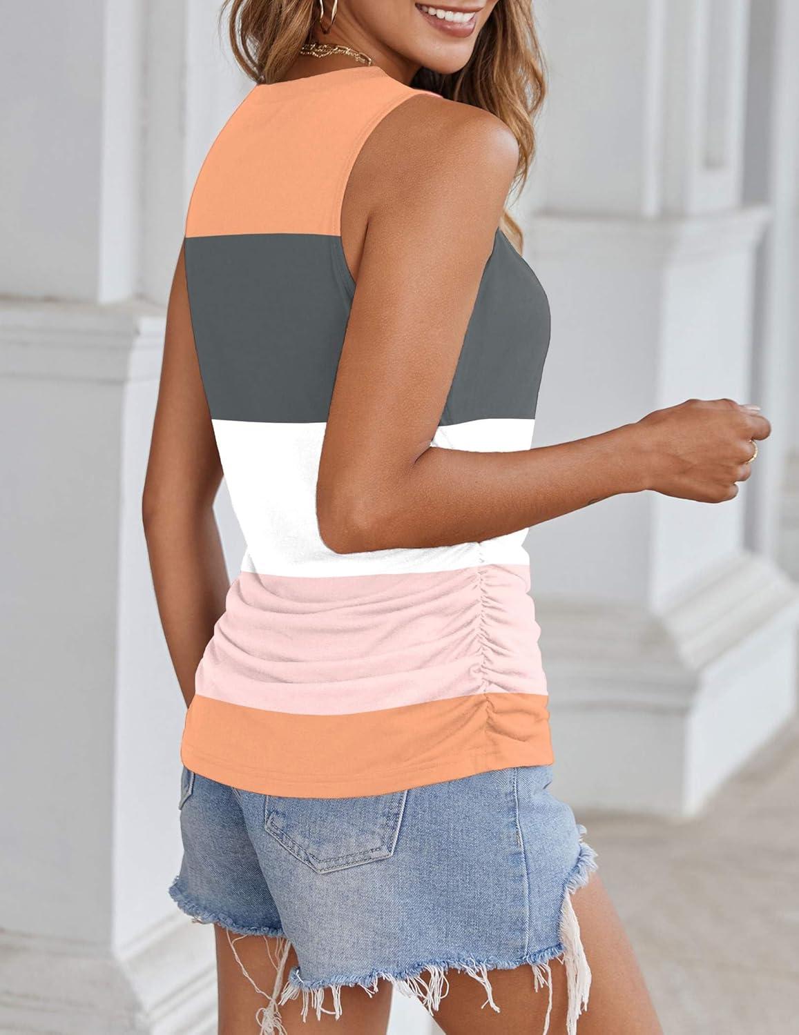 imageZeagoo Womens Ruched Tank Tops Summer Dressy Casual Crewneck Sleeveless Shirts SXXLOrange Pink Grey White Stripe