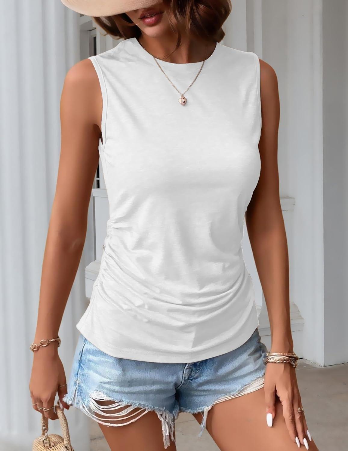 imageZeagoo Womens Ruched Tank Tops Summer Dressy Casual Crewneck Sleeveless Shirts SXXLWhite