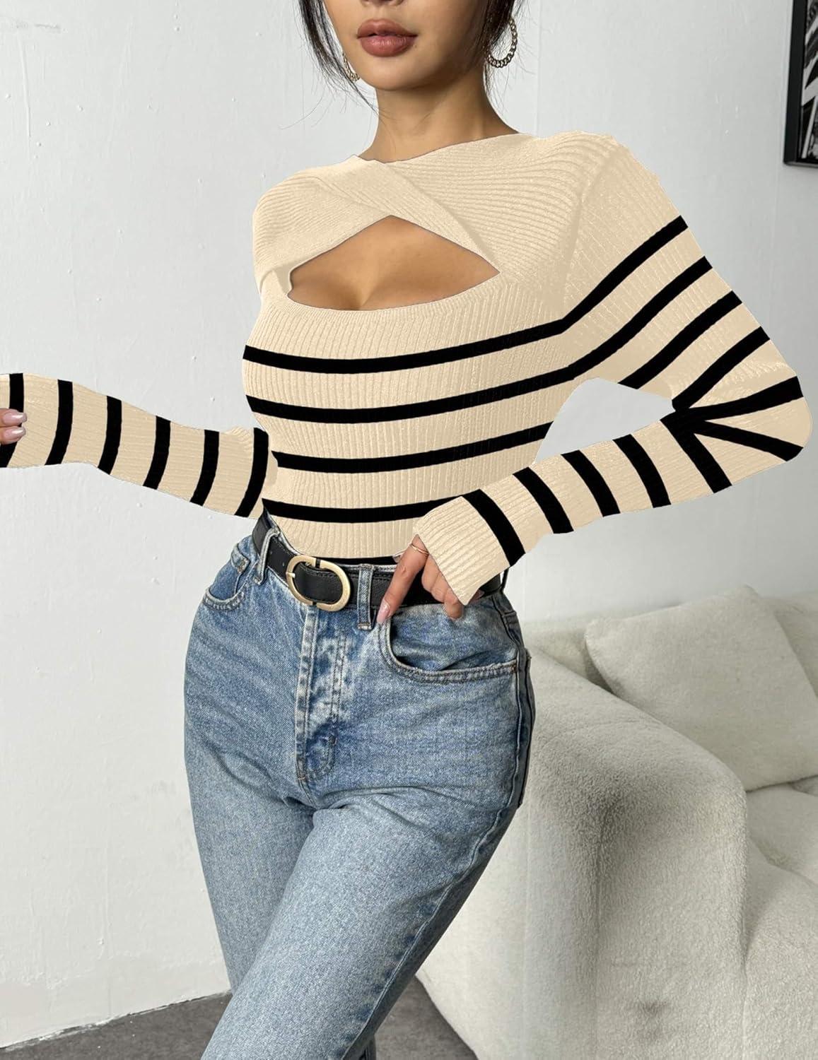 imageZeagoo Womens Short Sleeve T Shirts 2026 Summer Casual Knit Slim Fit Trendy Basic Cute Sweater TopsApricot Black Stripe