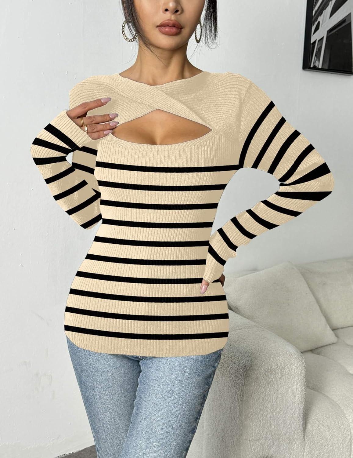 imageZeagoo Womens Short Sleeve T Shirts 2026 Summer Casual Knit Slim Fit Trendy Basic Cute Sweater TopsApricot Black Stripe