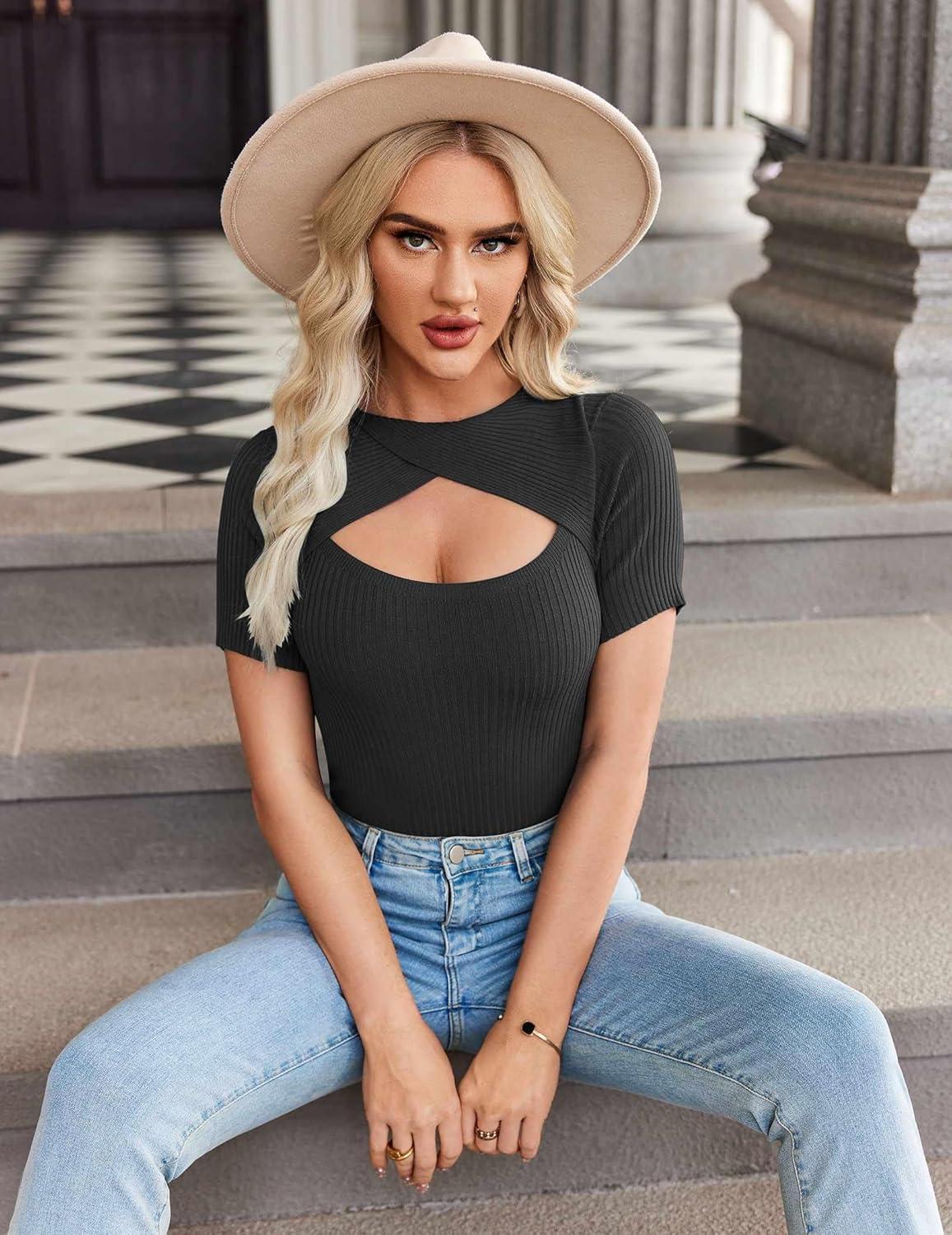 imageZeagoo Womens Short Sleeve T Shirts 2026 Summer Casual Knit Slim Fit Trendy Basic Cute Sweater TopsBlack