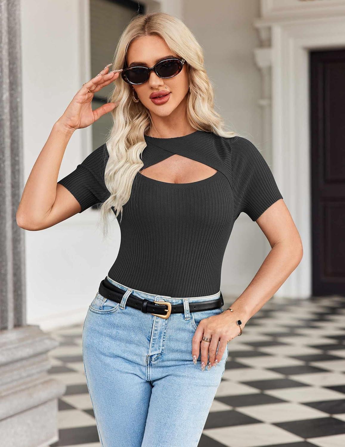 imageZeagoo Womens Short Sleeve T Shirts 2026 Summer Casual Knit Slim Fit Trendy Basic Cute Sweater TopsBlack